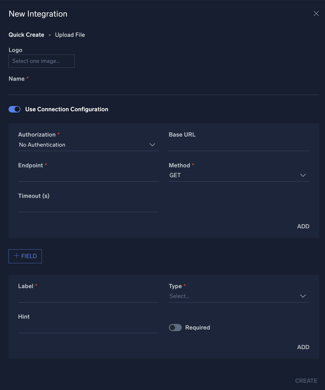 New Integration dialog