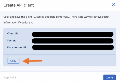 Acronis copy the client ID and secret