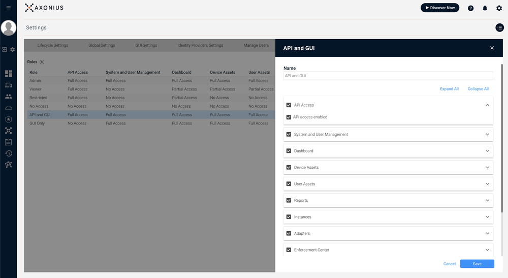 Axonius API access settings
