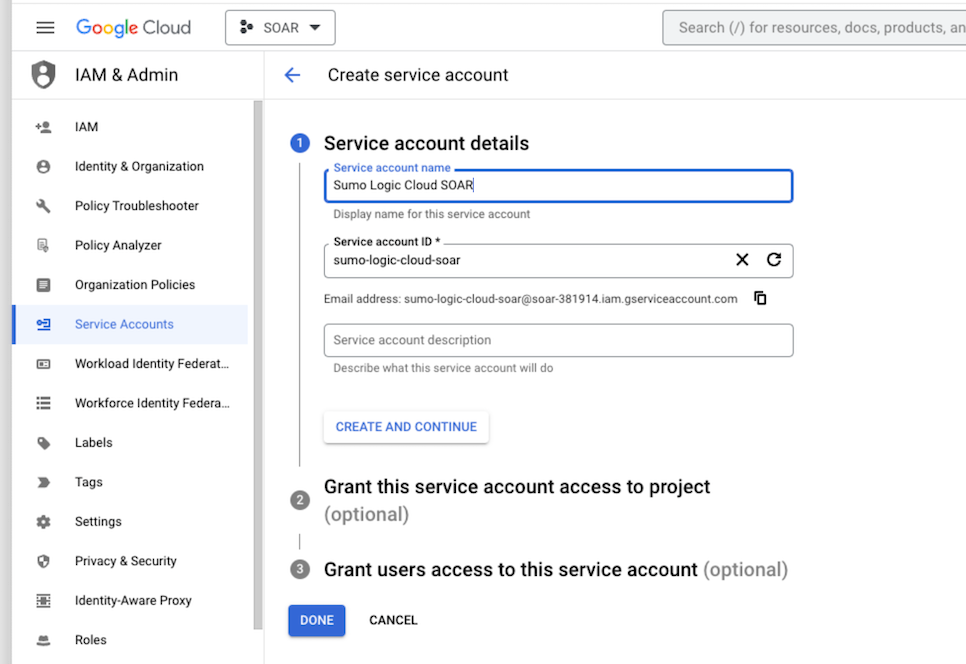 Complete service account creation