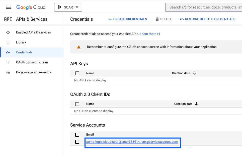 Click on service account
