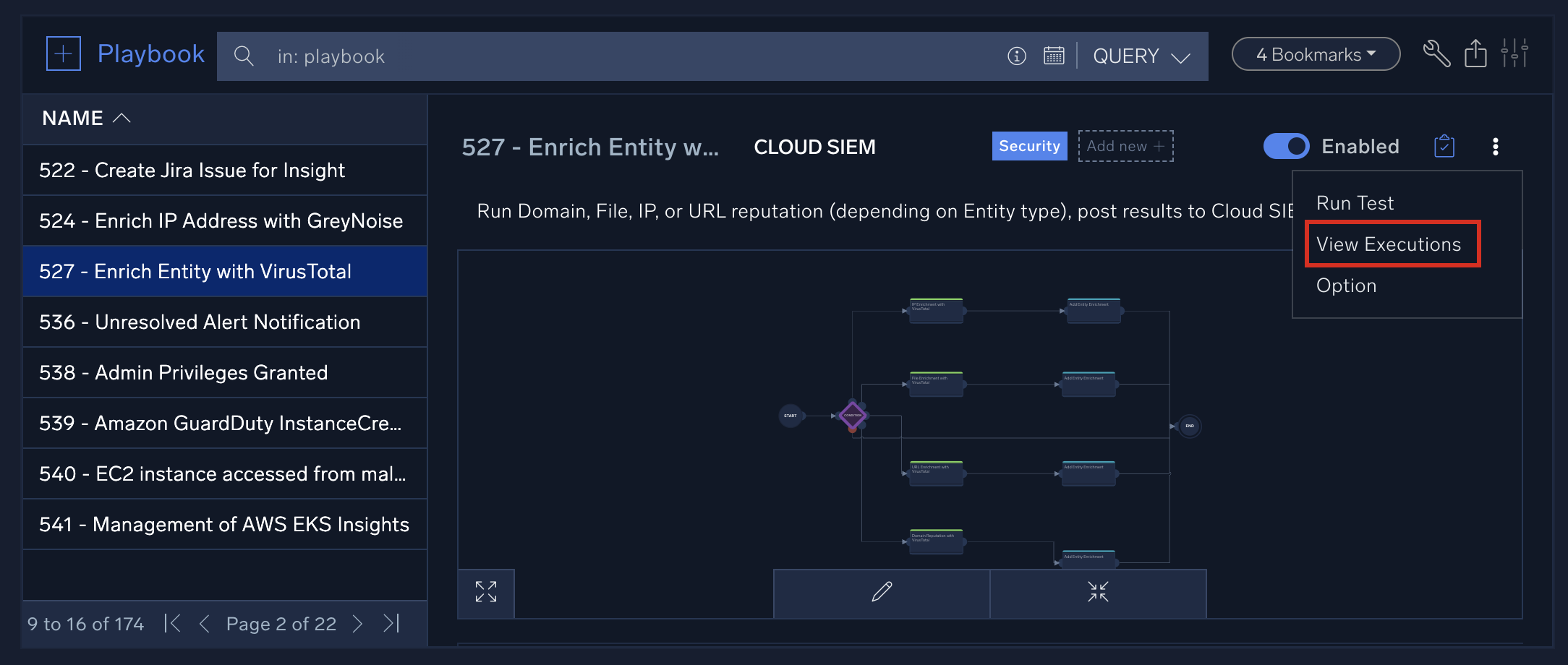 View Executions menu option