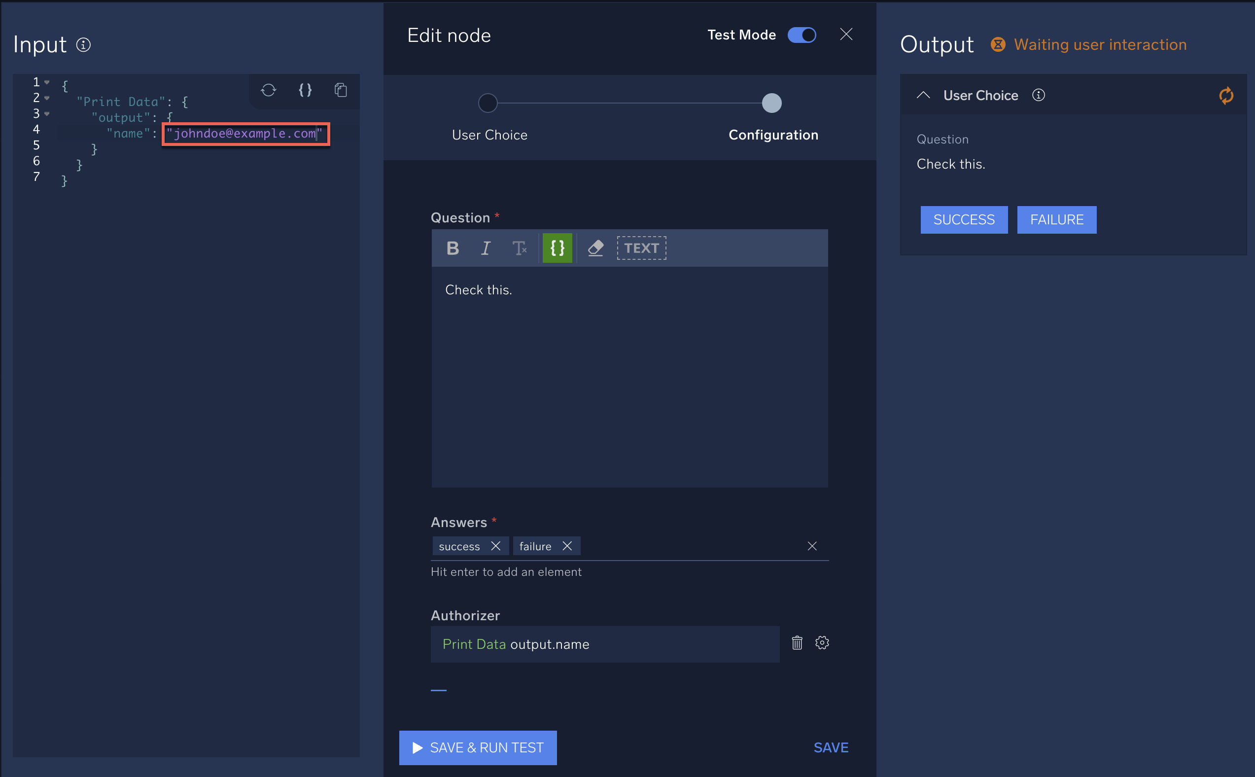User choice node test variables