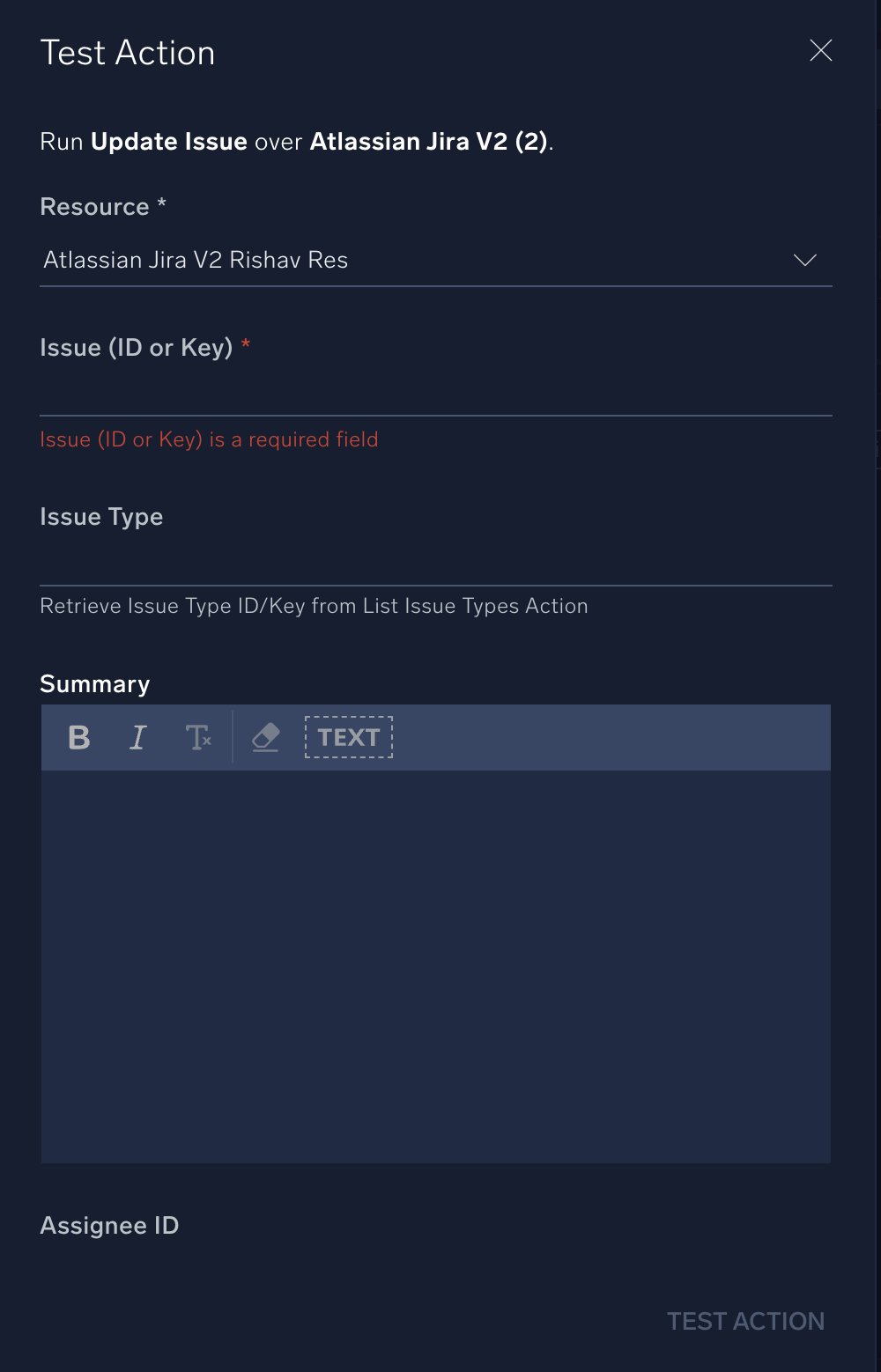 Required fields for test action