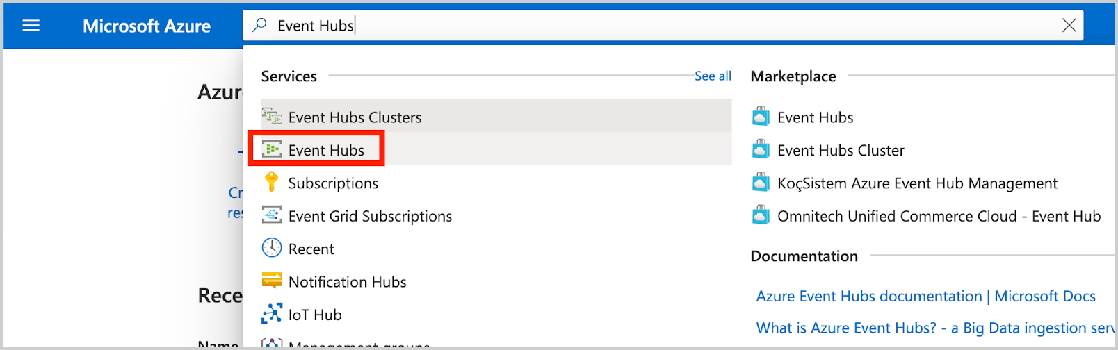 Azure portal showing search results for 'Event Hubs' with the 'Event Hubs' option highlighted in the Services section.