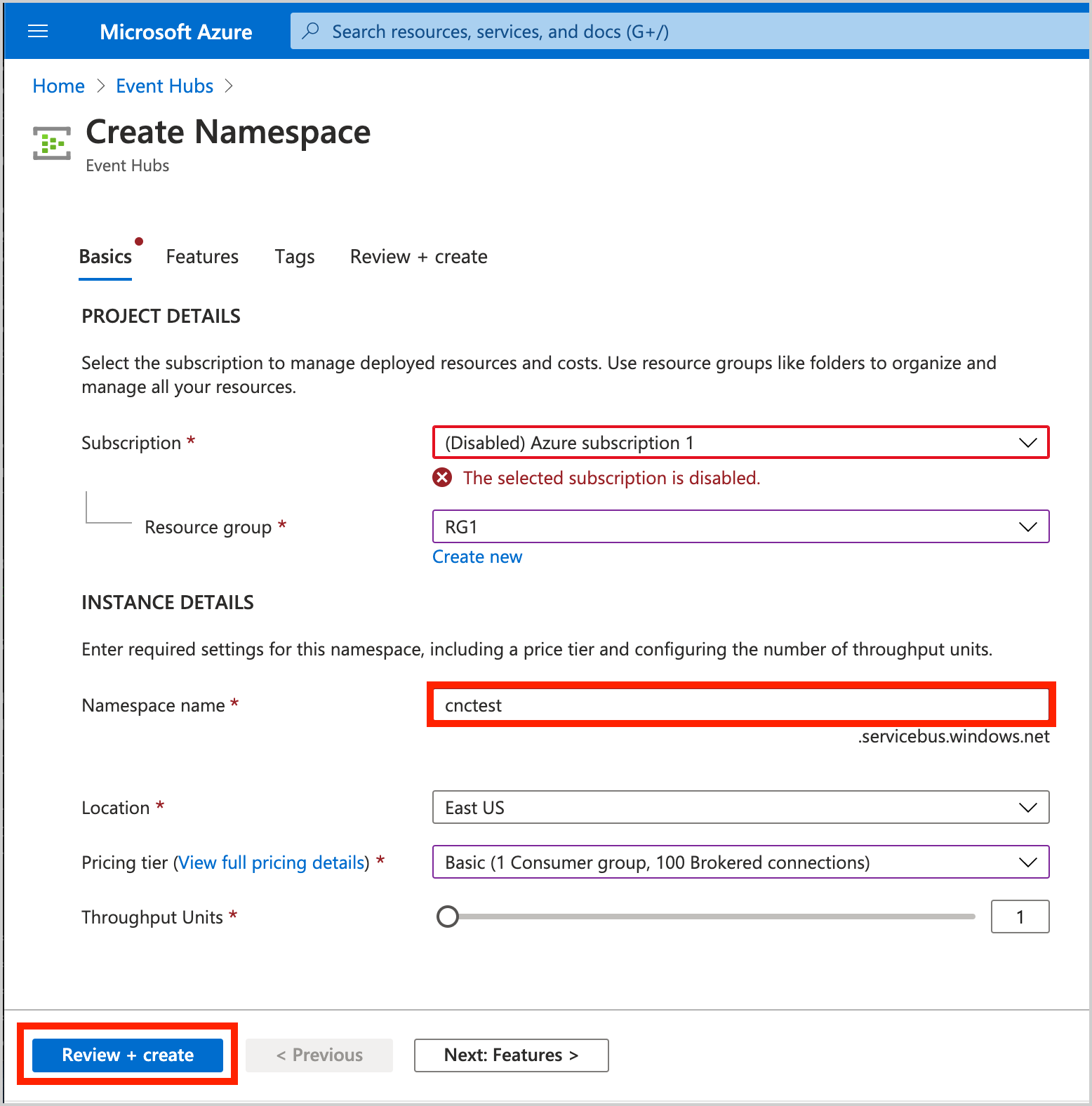 Create Namespace page in Azure Event Hubs with fields for Subscription, Resource Group, Namespace Name, and other options. The 'Review + create' button is highlighted.