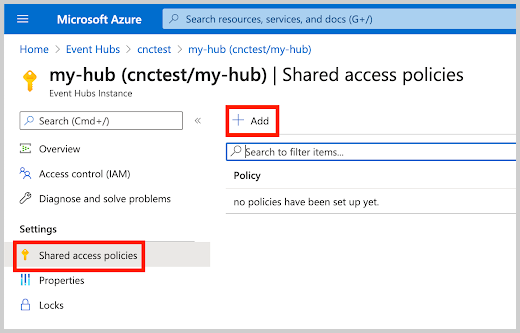 Shared access policies page for the 'my-hub' Event Hub with the 'Add' button highlighted.