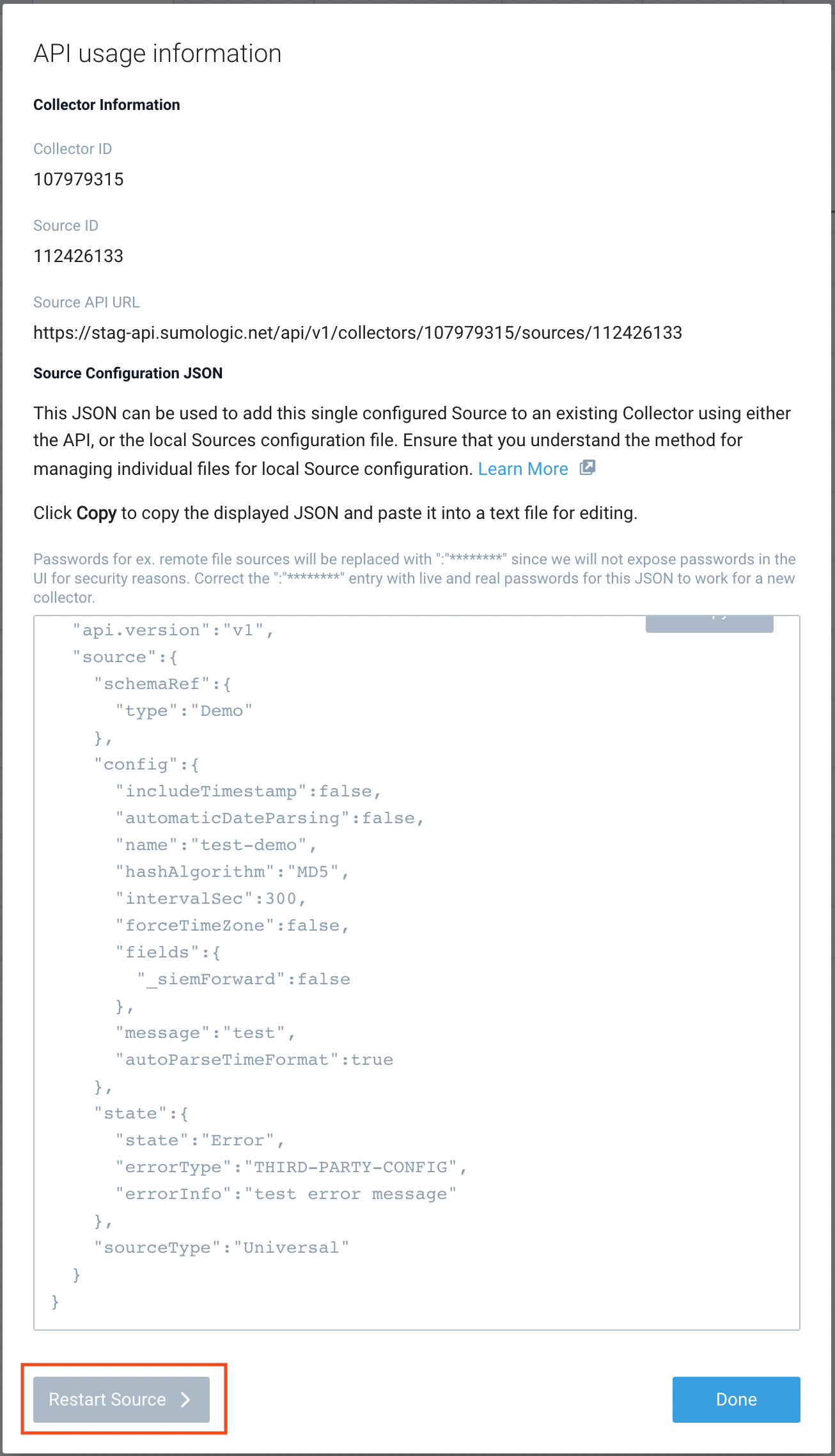 Restart source button